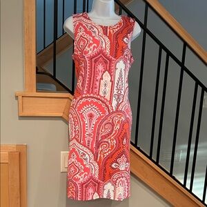 Paisley Sleeveless Dress. Coral and cream design.